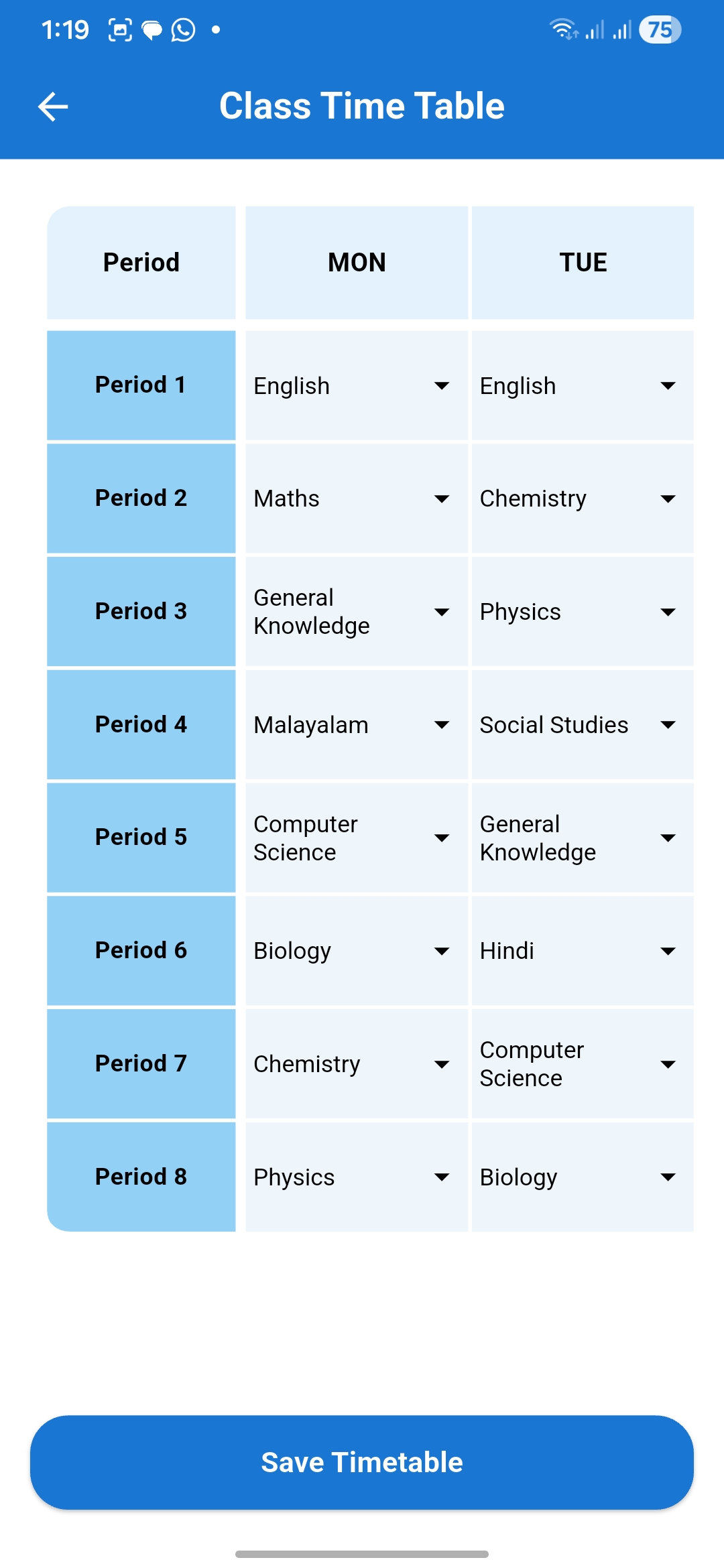 Class timetable