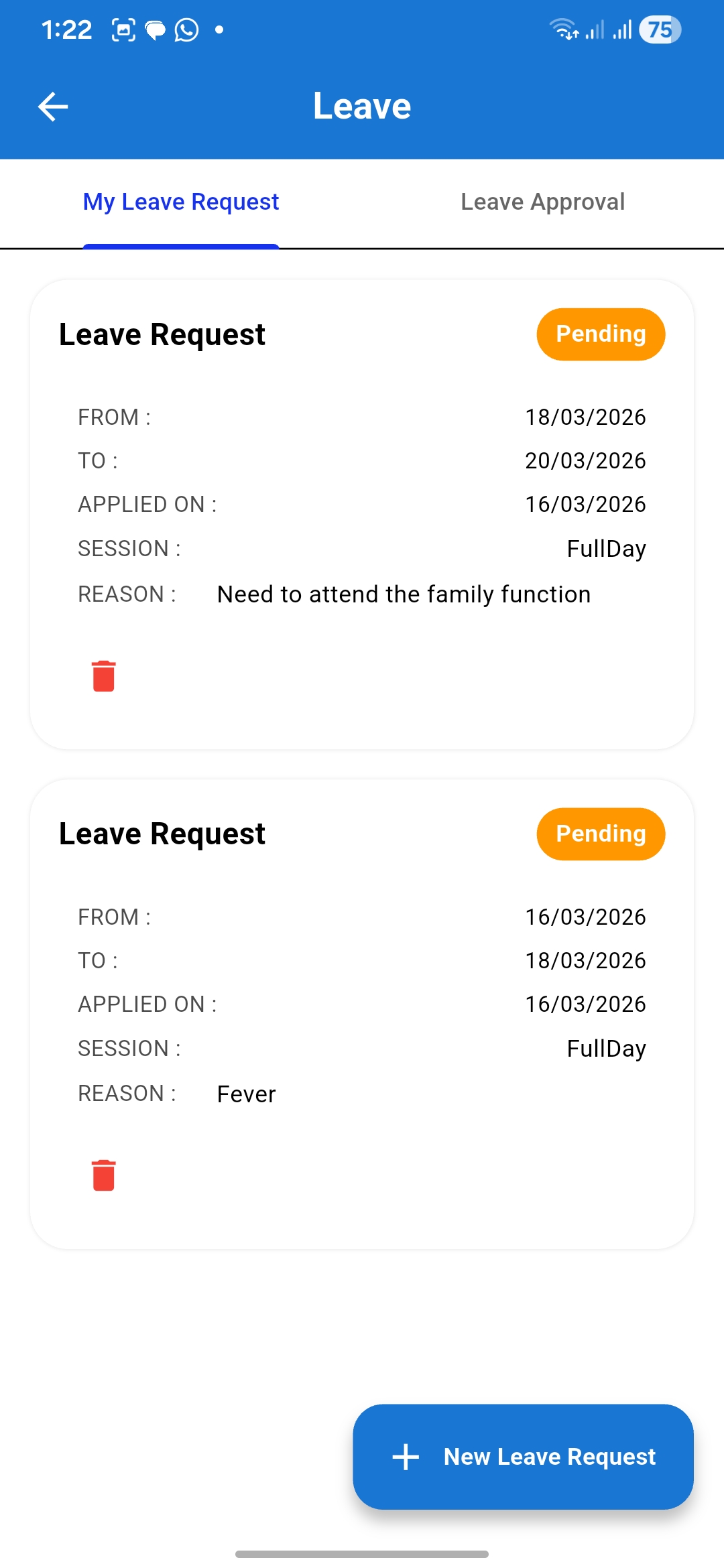Attendance screen